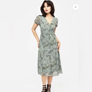 Disturbia Zulong Dragon Midi Dress - Whimsigoth Moon Cloud Print Grey Teal Goth